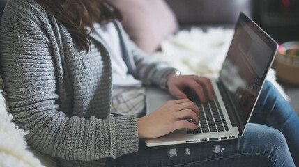 Fototapeta premium A woman in a grey cardigan and blue jeans sits on a couch, using a laptop computer.