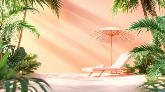 3D summer theme background banner with sun lounger umbrella on sand surrounded by palm trees perfect for vacation ads