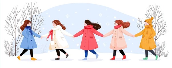 Naklejka premium A group of cheerful women walking in winter attire through a snowy landscape, showcasing vibrant colors and a festive atmosphere.