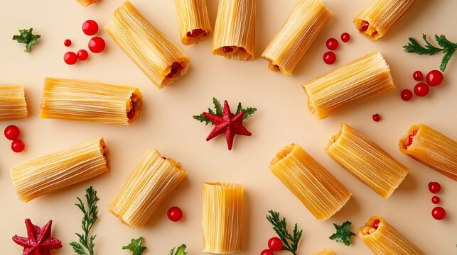 Mini tamales arranged in a circular pattern on a pale beige background with subtle red and green festive decor