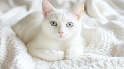 Adorable White Cat Relaxing on Soft Blanket Pet Photography Feline Fluffy Cute Domest