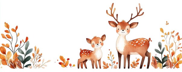 Obraz premium A charming illustration of a mother deer and fawn surrounded by colorful autumn leaves and foliage.
