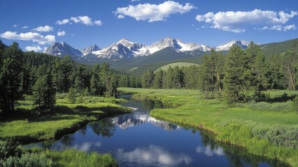 Fototapeta premium Majestic Mountain Forest Panorama with Snow-Capped Peaks and Winding River Reflection - Ultra-Detailed Landscape Photography