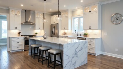Bright and Spacious Kitchen Design with Elegant White Cabinetry and Marble Accents
