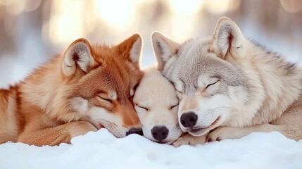 Obraz premium Family snow protect concept. Three wolves, including a pup, peacefully resting together in a snowy landscape, showcasing their unity and warmth.