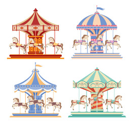 Classic horse carousel childish carnival amusement set vector flat illustration
