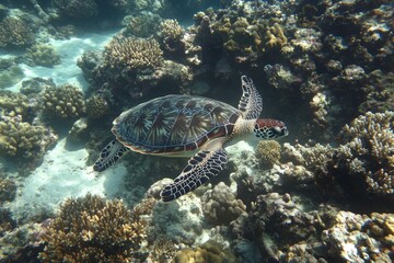 Obraz premium Turtle Swimming Over Coral Reef in Clear Water