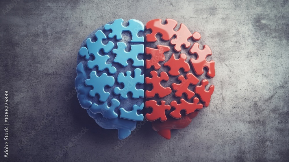 Poster Brain illustration split into right and left hemispheres, featuring puzzle pieces to symbolize different cognitive functions