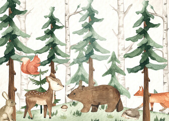 Cute forest animals, with deer, bears, fox, hedgehog for children's posters, nursery, for postcard design Watercolor composition © MarinaErmakova