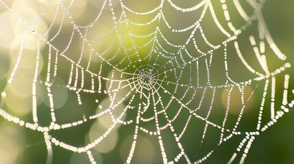 Naklejka premium Nature's Intricate Beauty: Macro Shot of Dewy Spider Web in Sunlight