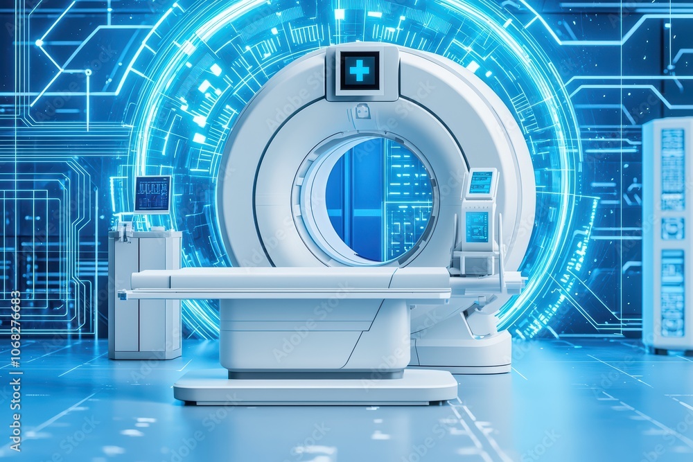 Poster advanced medical imaging machine in a modern technology setting with futuristic design and digital i