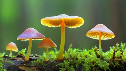 Fototapeta premium Vibrant Diversity: Close-Up of Colorful Mushrooms on Fallen Log in Damp Forest