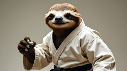 Sloth practicing martial arts funny karate humor creative mythical animal mascot in action