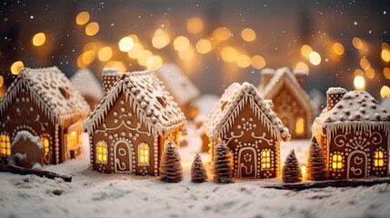 Fototapeta premium Original atmospheric composition of gingerbread houses, painted with white glaze on white fluffy snow on a festive background with bokeh. The concept of traditional Christmas baking