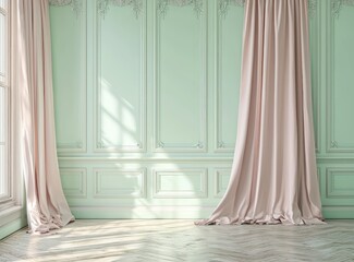 Classical interior with mint green panels and blush drapes, shown from the front.