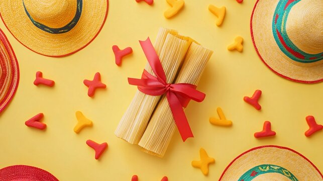 Traditional tamale tied with festive red ribbon on a pale yellow background, surrounded by sombrero shapes