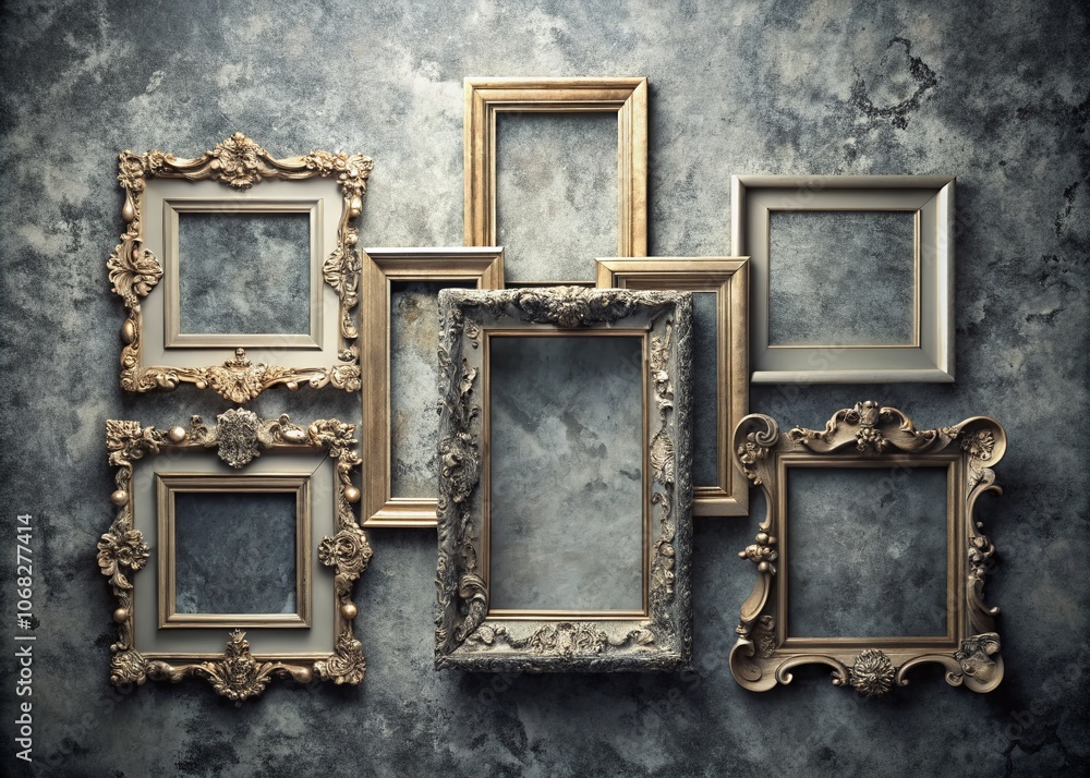 Poster captivating double exposure photography of ornate frames on a grey wall, blending intricate designs 