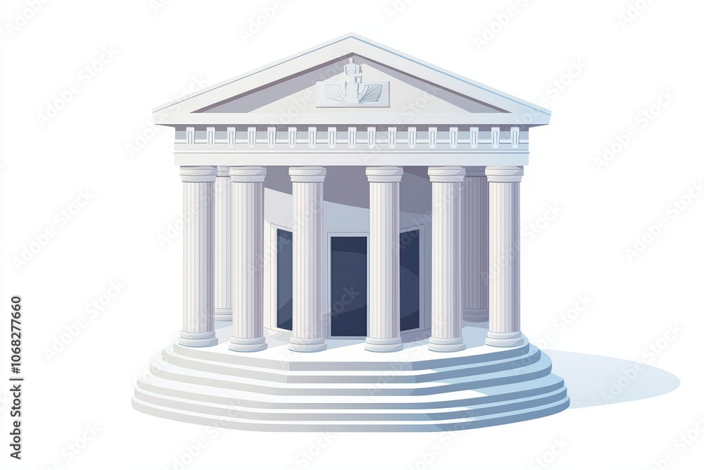Poster classic white building with columns on isolated background, symbolizing strength and stability.