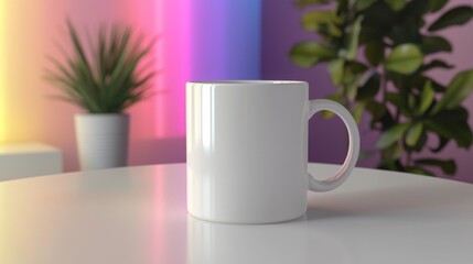 White Coffee Mug Mockup on White Table with Blurred Background