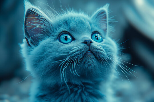 A small blue kitten with blue eyes looking up at the camera
