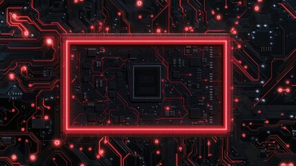 A futuristic circuit board featuring a central processing unit highlighted by a glowing red border, symbolizing technology and innovation.