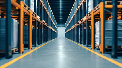 Efficient warehouse interior with organized shelves and clear pathways, showcasing modern storage solution for inventory management