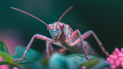 Fototapeta premium Macro Close-up of Colorful Forest Insects Amid Lush Flora, Ultra-Detailed Nature Photography
