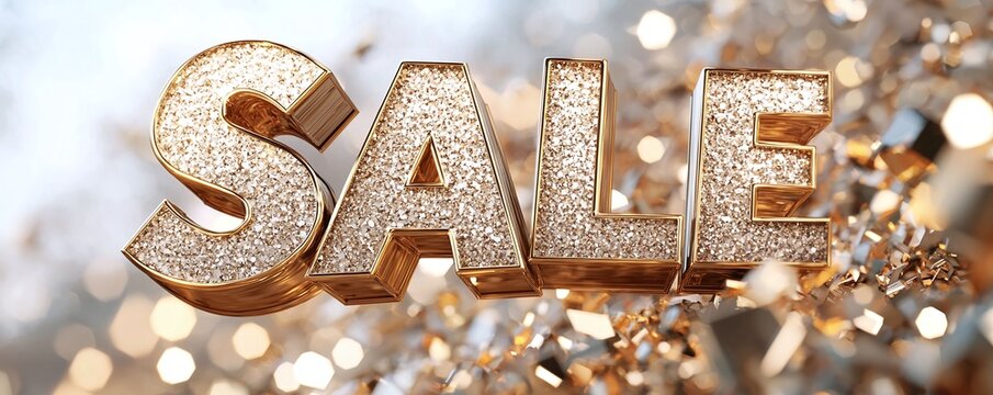 Sparkling "SALE" text shines against a glittering background, attracting attention to promotional offers and discounts.