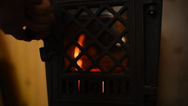 A person places a piece of wood into a burning stove, creating a cozy, warm ambiance. Ideal for themes of winter, warmth, or rustic living
