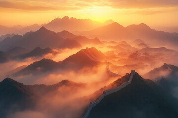 A view of the Great Wall of China in the fog at sunset
