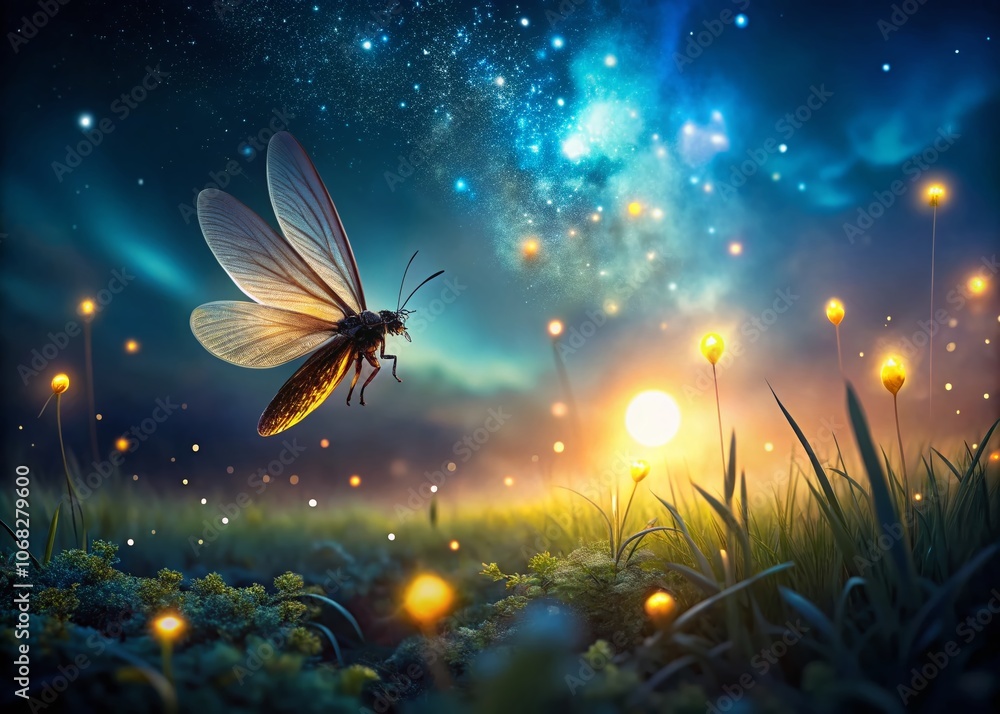 Aufkleber captivating firefly hovering in slow motion against a serene night sky with copy space for text or g