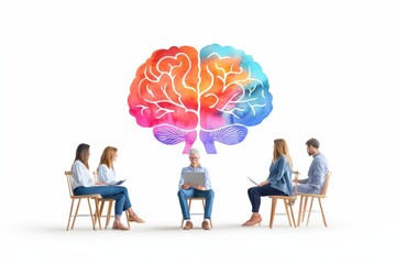 Diverse group in discussion with a colorful brain illustration above them, representing ideas and creativity.