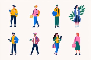 Diverse group of people engaged in various activities, colorful illustration, modern lifestyle.