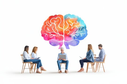 Diverse group in discussion with a colorful brain illustration above them, representing ideas and creativity.