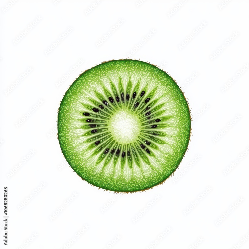 Poster fresh kiwi slice with vibrant green color and unique texture, white isolate background.