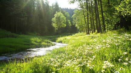 Obraz premium Tranquil Forest Oasis: Serene River, Towering Trees, and Wildflowers in Vibrant Harmony | Ultra-Detailed Nature Scene for Wildlife Retreat