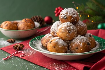 Classic Dutch oliebollen dusted with powdered sugar, arranged in a festive Christmas setting with holiday decorations. A cozy treat for winter celebrations.