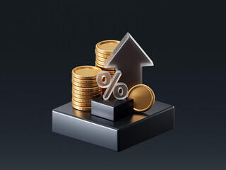 Interest rate increase money economy business investment on 3d background with growth income percentage finance profit concept. Revenue tax price cash coin percent budget inflation sale chart arrow.