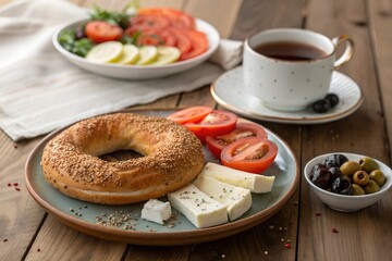A close-up of a traditional Turkish bagel, "simit," served with tomatoes, cucumbers, olives, feta cheese, and a cup of tea on a wooden table. This appetizing breakfast scene highlights Mediterranean f