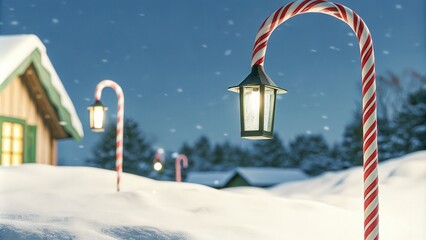 Lantern on a candy-cane post in a snowy village scene