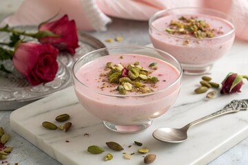 Persian rosewater pudding (Firni) served in a glass bowl, garnished with pistachios and dried rose petals. Soft pink dessert with floral and nutty accents, presented with roses.