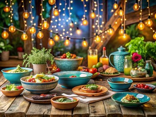 Fototapeta premium Captivating Food Photography Featuring Sulengang Lichterkette in Blue, Showcasing Vibrant Dishes Illuminated by Enchanting String Lights for a Cozy Dining Experience