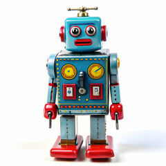 A tin toy clockwork robot displayed against a white background