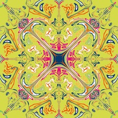 Abstract colorful mandala pattern with swirling shapes.
