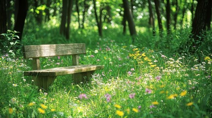 Naklejka premium Tranquil Forest Glade with Rustic Wooden Bench Surrounded by Wildflowers - A Serene Escape into Nature's Colorful Beauty