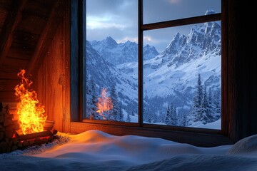 A cozy cabin view with a warm fire, overlooking snowy mountains and a serene winter landscape through a large window.