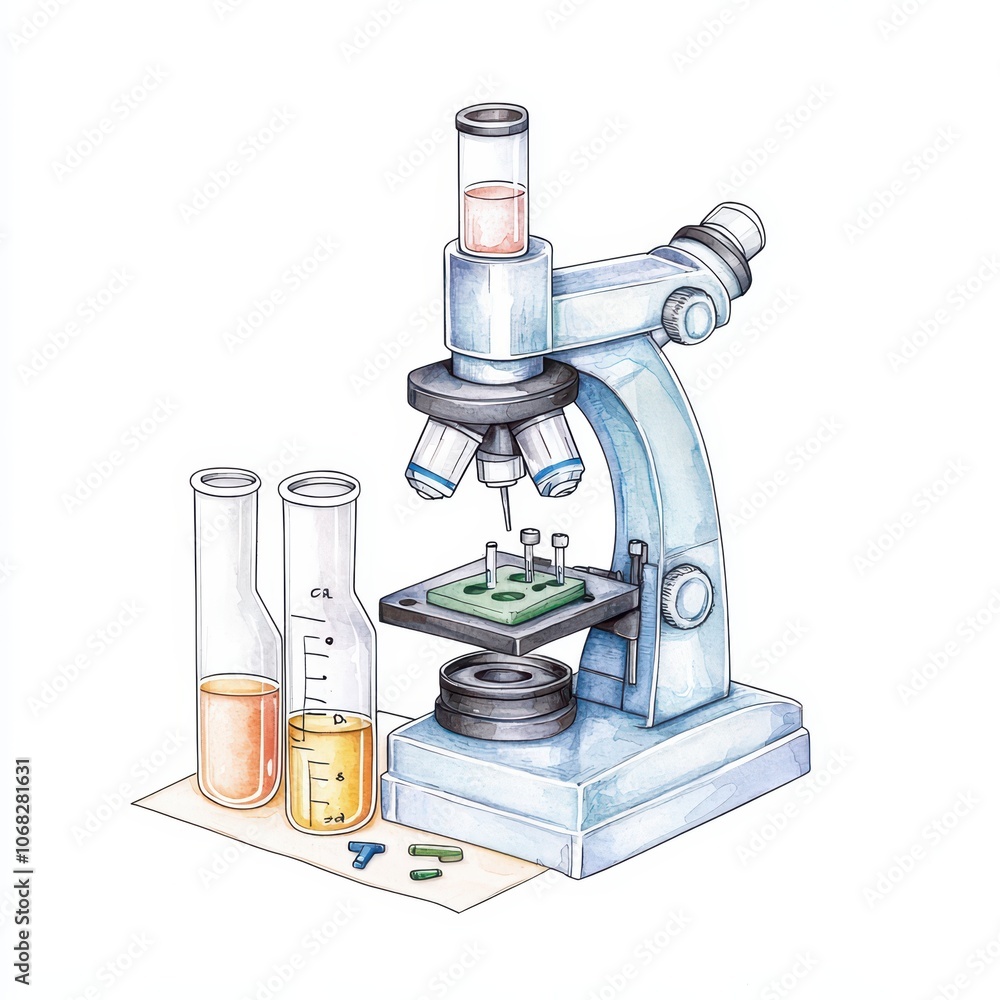 Poster laboratory microscope with test tubes and slides on a white background.