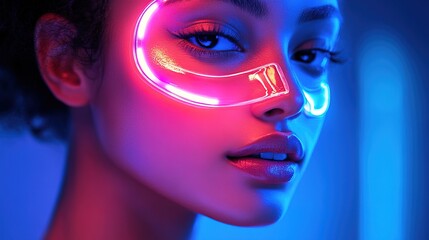 Fototapeta premium Close-up of a woman with perfect skin using an illuminated LED face mask 