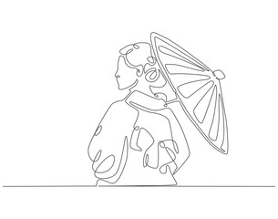 Continuous one line drawing of japanese woman wearing kimono. One line drawing illustration of woman wear kimono holding umbrella. Japanese culture concept single line. Editable outline