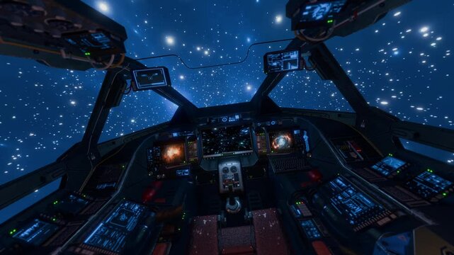 Spaceship travelling into deep space seen from the cockpit